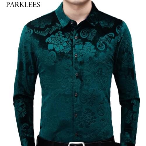 Mens Green Velvet Floral Dress Shirts 2020 Brand New Slim Fit Long Sleeve Velour Shirt Men Casual Button Down Shirt Male Camisas