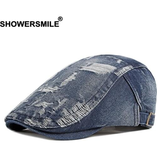 SHOWERSMILE Denim Ivy Caps for Men Vintage Blue Mens Berets British Style Male Flat Cap Spring Summer Brand New Driver Ivy Hat
