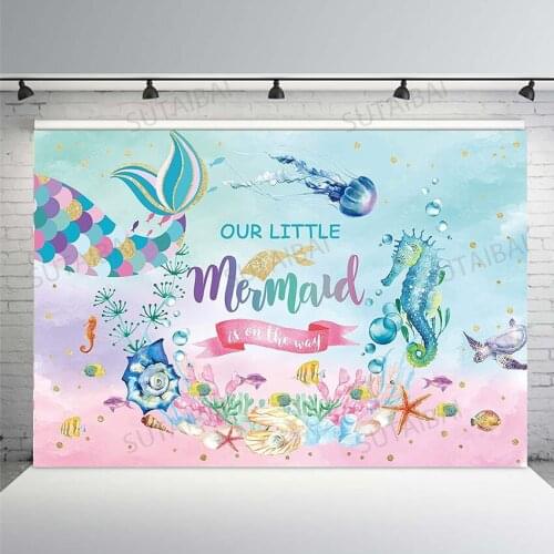 Our Little Mermaid Baby Shower Backdrop 1st Birthday Girl Party Photography Background Under The Sea Fish Scale Shell Decoration