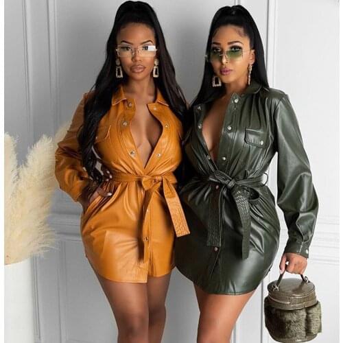 PU Faux Leather Shirt Dress Women Clothing Turn-down Collar Button Mini Party Dress Night Club Wear Sexy Dress with Belt Vestido