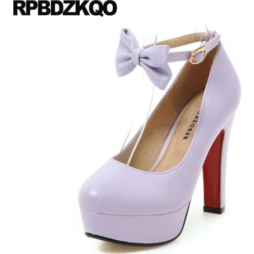 Purple Platform Lolita Shoes High Heels Bow Pumps 13 45 Women Lavender Wedding 11 43 Block Ankle Strap Cute Big Size 12cm 5 Inch