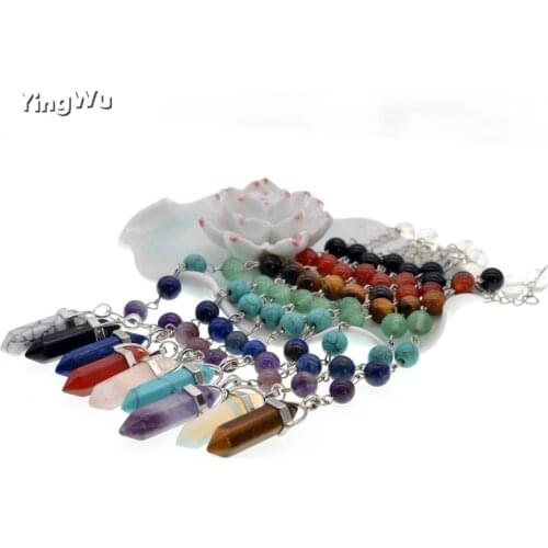 Reiki Healing 7 Chakra Natural Stones & Rope Chain Crystal Quartz Pendulum Hexagonal Lapis Lazuli Necklace for Women Jewelry