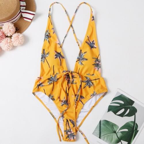 Sexy Swimsuit Bodysuit High Waist Printing Split Sleeveless Deep V Neck Summer Swimwear Trendy Casual Bikinis Mujer Braga Alta