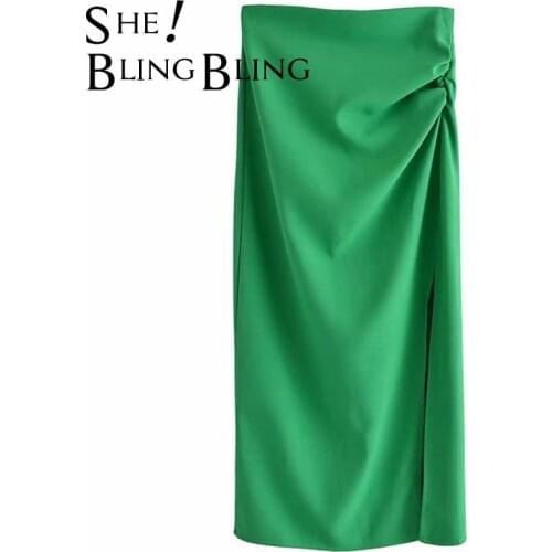 SheBlingBling 2021 Za Summer Zipper Back Ruched Detail Split Side Women Casual Straight Skirt Green High Waist Midi Skirt Female