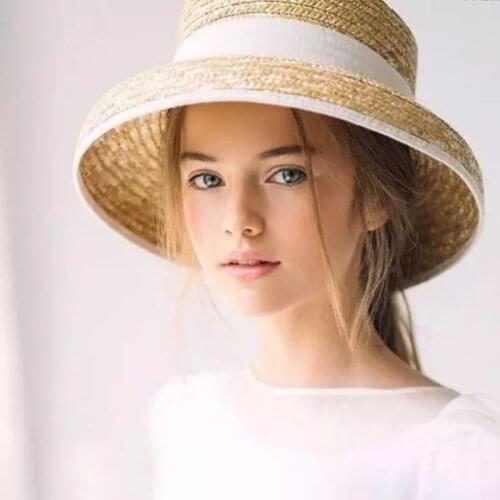Summer 2020 French Women White Edging Retro Straw Hat Bell-shaped Pot Hat Khaki Bow Decoration Sunshade Holiday Beach Straw Hat