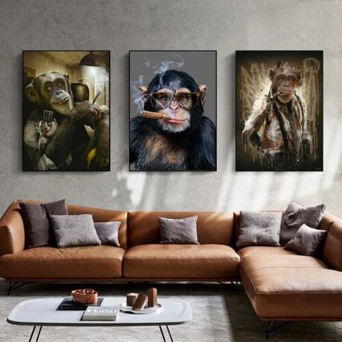 Modern Animal Art Smoking Monkey Canvas Painting Wall Art Posters Prints Wall Pictures for Living Room Home Wall Cuadros Decor