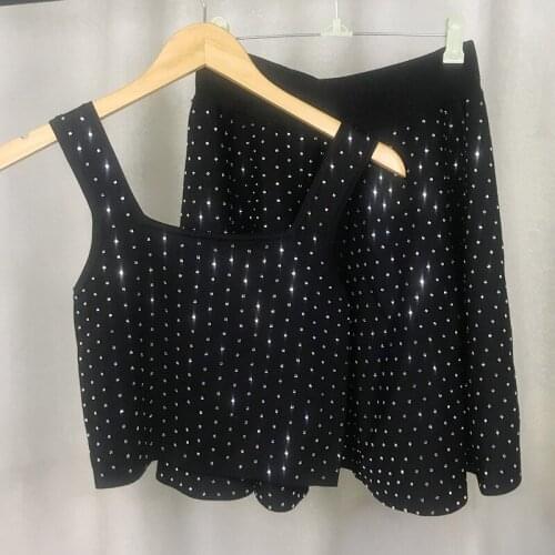 Rhinestone Knit Short Suspender Sexy Sleeveless Short Top Black Mini A-Line Skirt Two Piece Suit Women Brand Clothing 2021