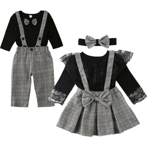Matching Little Brother Sister Clothes Set Boys Knot Romper Plaid Overall Girls Ruffle Mesh Shirt Strip Dress Outfits Set