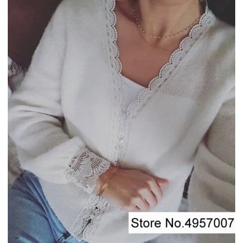 Elfbop Ladies Alpaca & Wool V Neck Lace Patchwork Knitting Sweater Cardigan - Women White/Navy Knitted Sweater Top