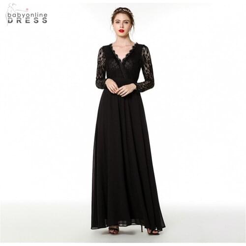 New Arrival Balck Lace Long Evening Dress V-neck Full Sleeves Female Fomal Evening Gown A-line Abendkleider Robe De Longo