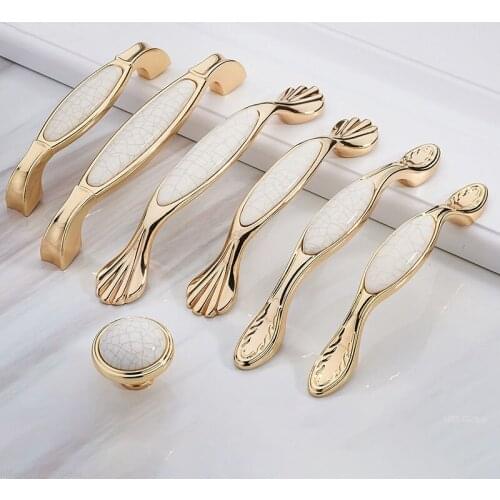 European Creamic Gold and White Cabinet Handles Zinc Alloy Drawer Pulls Kitchen Handles for Furniture Bedroom Decor