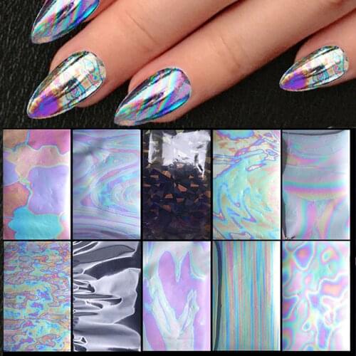 10 Sheets/Set Holographics Mirror Laser Effect Nail Art Decals Foil Transfer Stickers DIY Decor Decoration Design for Nails Tips