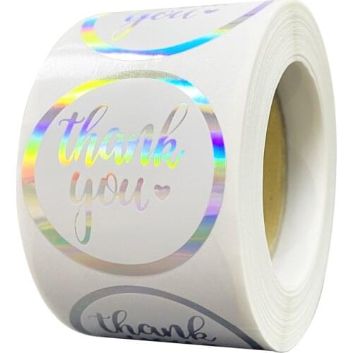 100-500pcs Rainbow Laser Thank You Stickers 1 inch White Thank You Small Business Sticker for Crafts ,Gift Packaging