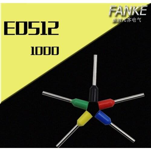 1000pcs/pack E0512 PVC Cord Pre-Insulated terminal Wire Bootlace Ferrules For 0.5mm2, 22 AWG,12mm Pin of Length Brass tubes