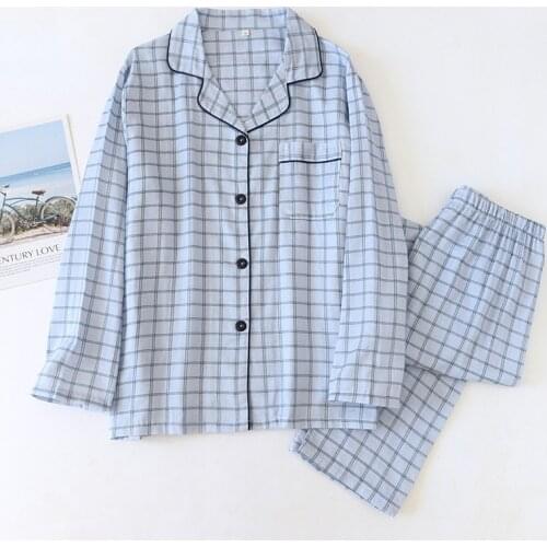 2021 Japanese spring and autumn mens new cotton lapel long-sleeved trousers simple plaid home pajama set plus sizemen pajamas