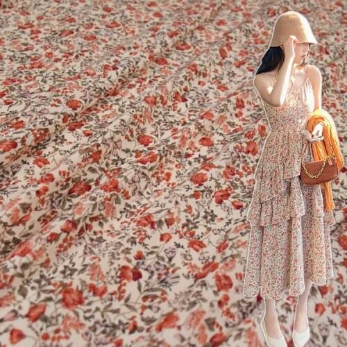 50*150cm Fresh Pastoral Beige Floral Chiffon Fabric Sling Skirt With Clothes Womens Handmade DIY Fabric