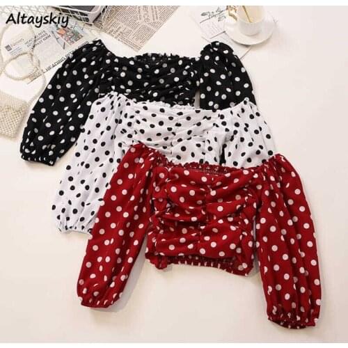 Blouse Women Sweet Summer Polka Dot Slash Neck Sexy Ladies Retro Printed Crop Top Lantern Sleeve Lovely Popular Clothing Female
