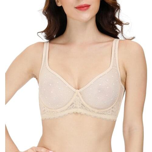 New Sexy Women Bra Mesh Hollow Cups Lace Dot Underwire Plus Size 32 34 36 38 40 42 44 A B C D DD E DDD F