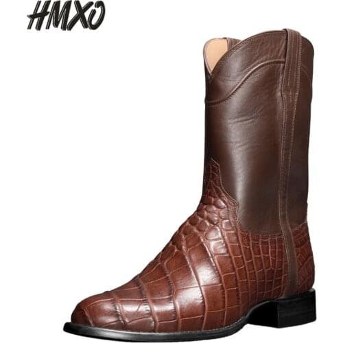 HMXO Business Pointed Retro Men Boots Crocodile Pattern Handsome Western Cowboy Men Casual Brown Leather Boots Men Casual Boots