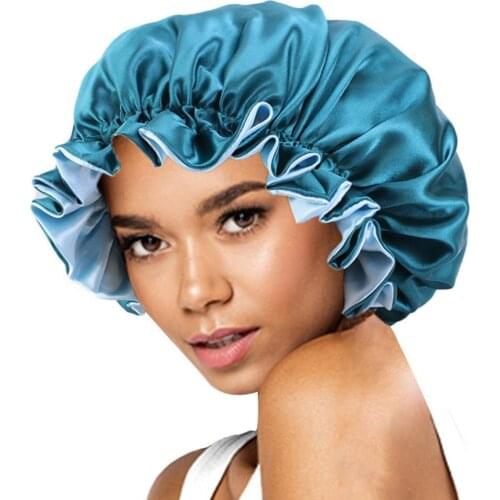 Women Night Sleep Cap Satin Elastic Bonnet Hat Double Layer Day Night Sleep Cap For Hair Care Head Cover Adjust Hair Hat Beanies