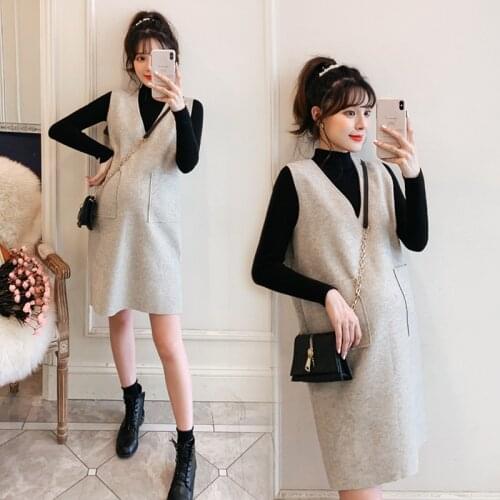 Envsoll Maternity Dresses Long Sleeved Pregnant Women Autumn Winter Two-piece Maternity Clothes Dress Sweater+Woolen Sundress
