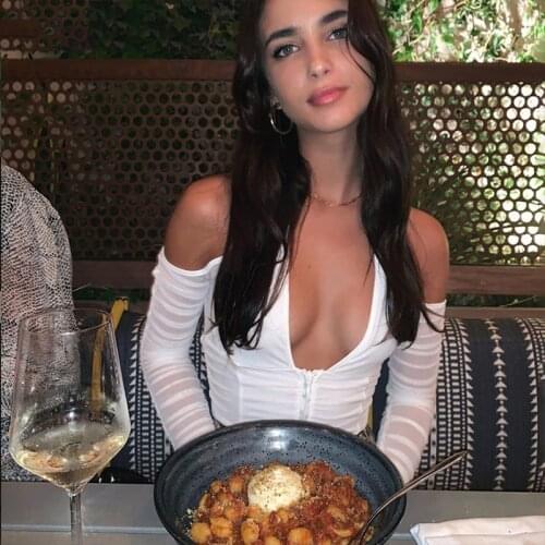 T-shirt women Strapless long sleeve crop top club party night Tee shirts mujer accessory album brandy Sexy V-neck mesh patchwork