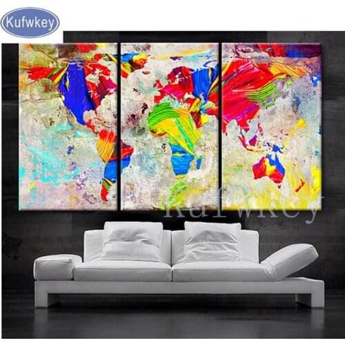 Watercolor World Map Home Decor,5d DIY Diamond painting 5D cross stitch full square diamond embroidery 3 pcs set