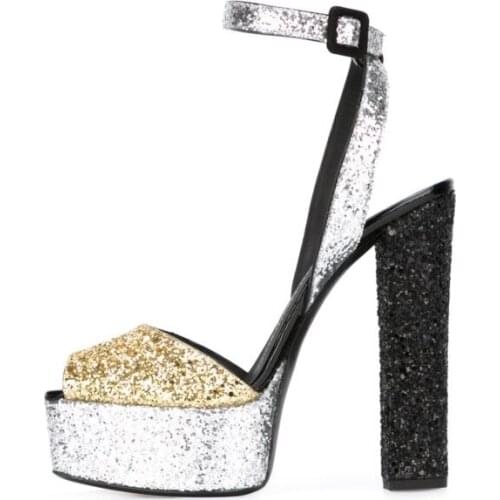 Gullick Hot Selling Fashion Platform Sandals Ankle Strap Bling Bling Glitter Woman Party Dress Shoe Mixed Colors Super High Heel