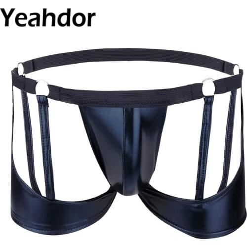 Mens Hot Lingerie Wetlook Patent Leather Boxers Briefs Shorts Bikini Sexy Erotic Open Butt Underwear Underpants with Bulge Pouch