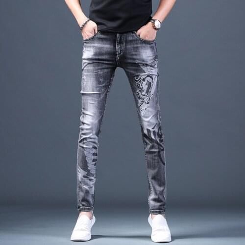 Mens ripped Casual Denim jeans mens printed pants small feet brand Korean casual trousers summer grey teenager pencil pants