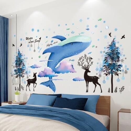 [shijuekongjian] Cartoon Whale Animal Clouds Wall Stickers DIY Deers Trees Mural Decals for Kids Rooms Baby Bedroom Decoration