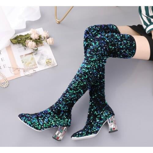 2021 New Fashion Thick Heel Bling Womens Boots Sexy Waders Slip-on Adult Square Heel Autumn Winter Thigh High Boots