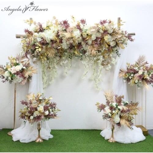 New Golden Wedding Flower Arrangement Artificial Flower Row Table Centerpieces Flower Ball Rose Eucalyptus Wisteria Accessories