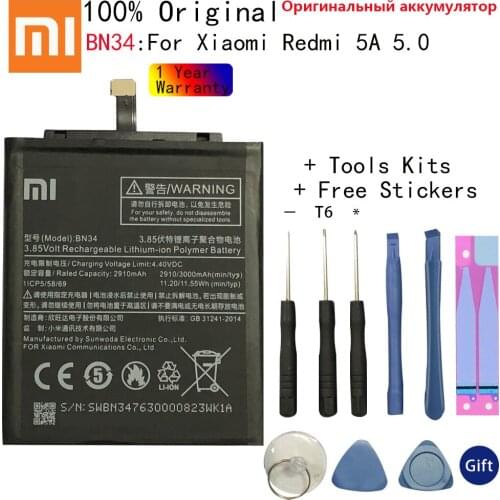 Xiao Mi Original Phone Battery BN34 For Xiaomi Redmi 5A 5.0" Replacement Battery 2910mAh High Capacity Phone Batteries + Tools