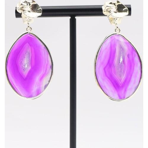 New Silver Color Bezel Natural Onyx Agates Dangle Earring Purple Agates Slice Earrings Jewelry