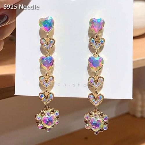 Real 925 Sterling Silver Needle Long Dangle Drop Earrings for Women Jewelry Multicolor Heart Rhinestone Tassel Female Earrings