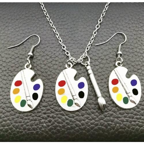 Stylish and Elegant, 1 Set of Palette Necklace Earrings Silver Plated Artist Brush Wonderful Bright Artist Pendant Necklace