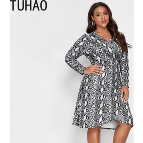 TUHAO Woman Vintage Snake Print Mid-length Dress Plus Size 8XL 7XL 6XL 5XL Dresses for Women Party Dress Office Lady Wear WM11