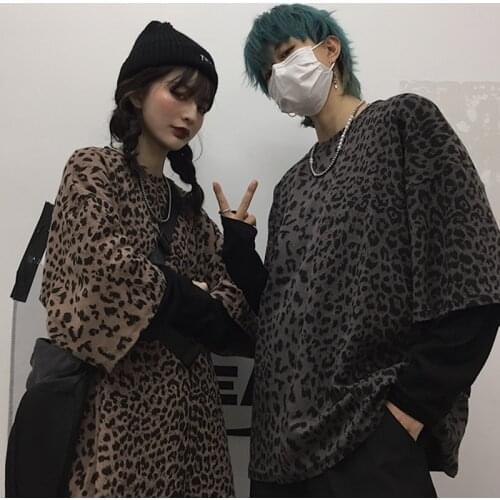 Harajuku Hip Hop Rap Leopard Stripe Couple Long Sleeve T-Shirt Woman Grunge Korean Kpop Oversize Emo Couple Top Streetwear Y2k