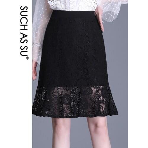 SUCH AS SU New Spring Summer Lace Skirts Women 2021 Black High Waist Knee-Length Mermaid S-XXL Plus Size Ruffle Skirt Female