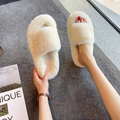 Furry slippers female candy color 2021 new autumn and winter home warmth one-word cotton slippers