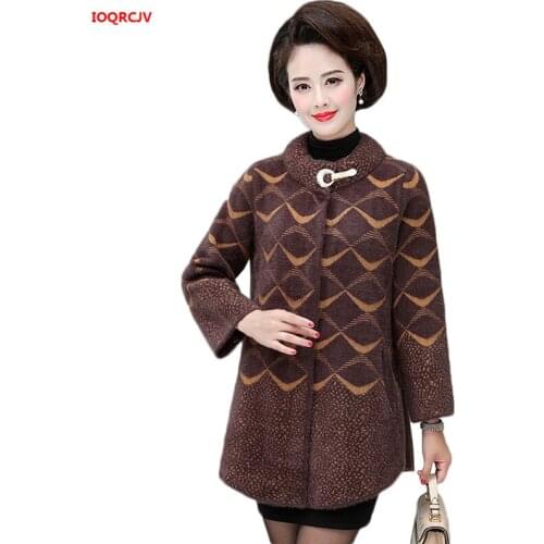 Women Winter Jacket High Quality Thick Imitation Mink Cashmere Coat Middle-aged Mother Long Sleeve Knit Sweater Cardigan Jacket