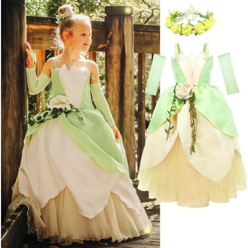 Tiana Princess Dress The Princess and the Frog Cosplay Flower Off Shoulder Clothing for Halloween Girl Kids Christmas Party