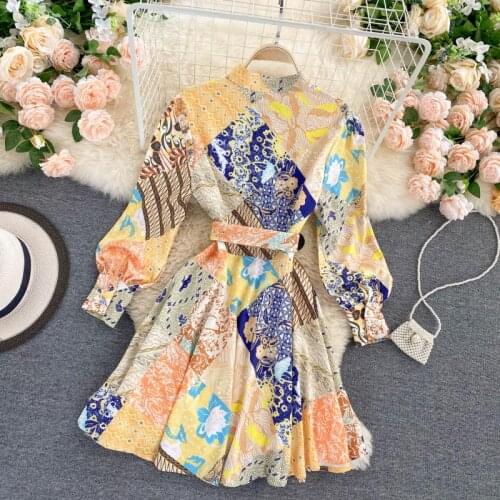 Croysier Runway Fashion Print Dresses For Women 2021 Vintage Elegant Dress Stand Collar Long Sleeve Mini Shirt Dress With Belt
