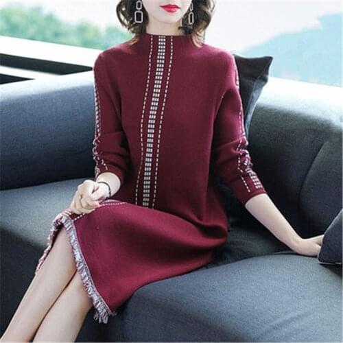Over-the-knee Plus Size Loose Knit Jacquard Sweater Dress Women Autumn and Winter Semi-high Collar Temperament Base Dress k1207