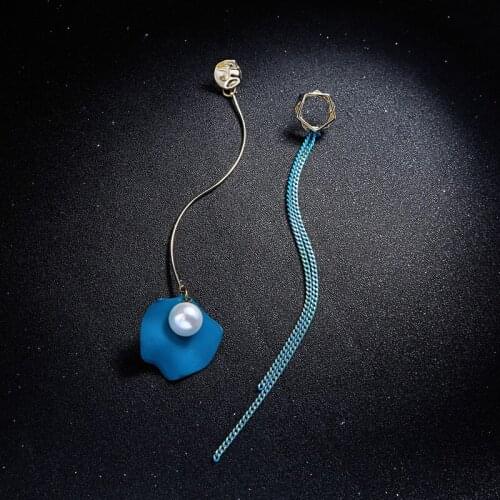 Creative blue leaf pearl fringed asymmetrical earrings woman temperament fashion long earrings jewelry