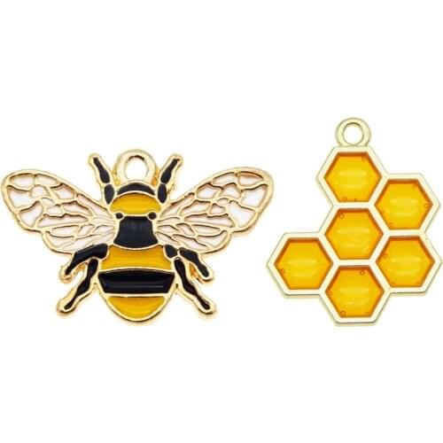 Julie Wang 4PCS Enamel Yellow Bee Honeycomb Charms Mixed Hive Honeybee Pendants Alloy Necklace Bracelet Jewelry Making Accessory