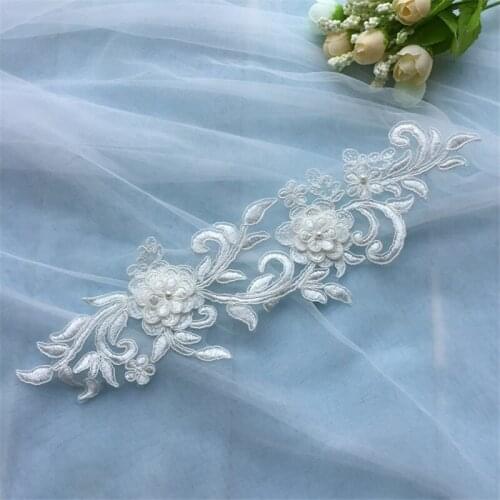 1Pc Ivory Fashion Polyester embroidery Beaded patch flowers wedding motifs flower lace applique 30X 10cm LA249