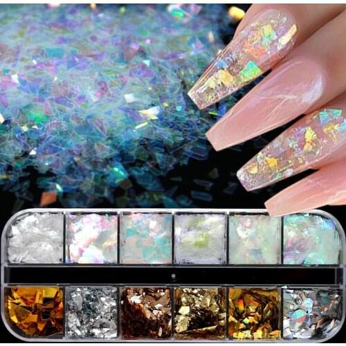 12 Grids Mermaid Nail Glitter Aurora AB Flakes Holographic Sequins Paillette Slices Polish Manicure Nails Art Pigment Decoration