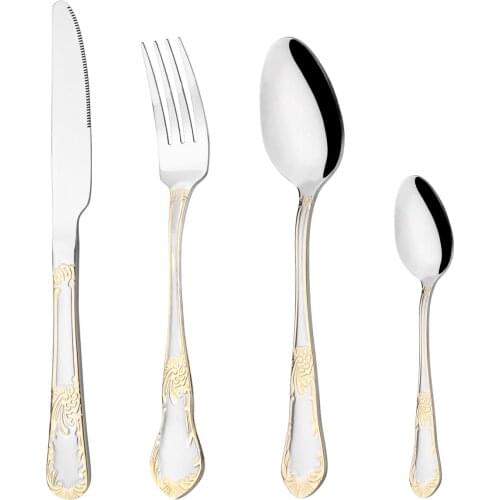 16Pcs 304 Stainless Steel Dinner Tableware Coffee Spoon Knife Fork Dinnerware Flatware Set Gold Cutlery Set Kitchen Silverware